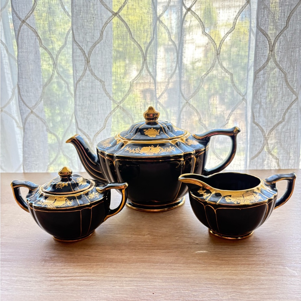 🏡Sadler England Elegant Black and Gold Porcelain Tea Set - 3 Piece RARE